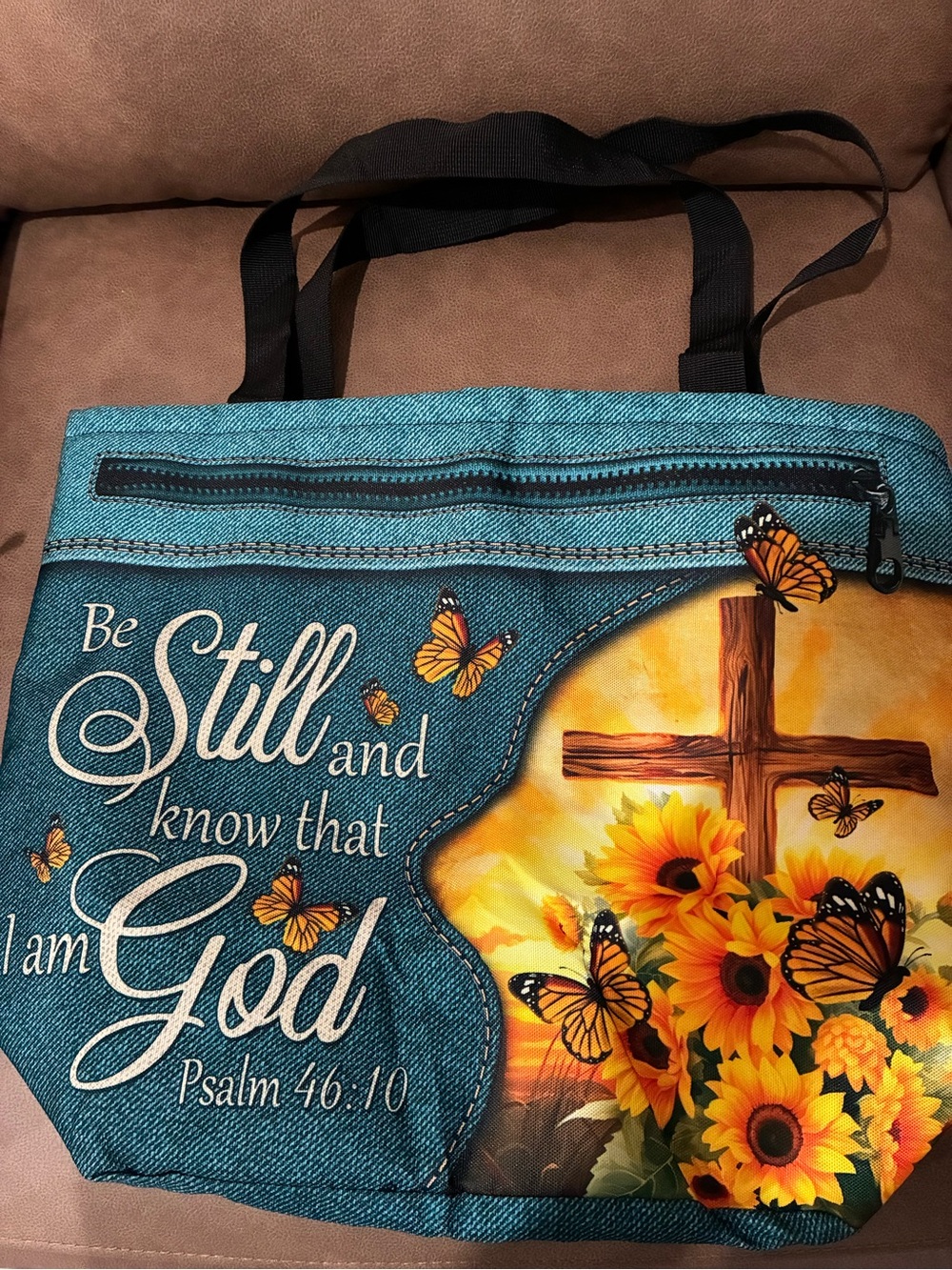 Be Still and Know That I Am God Sunflower Cross Tote Bag - Teal